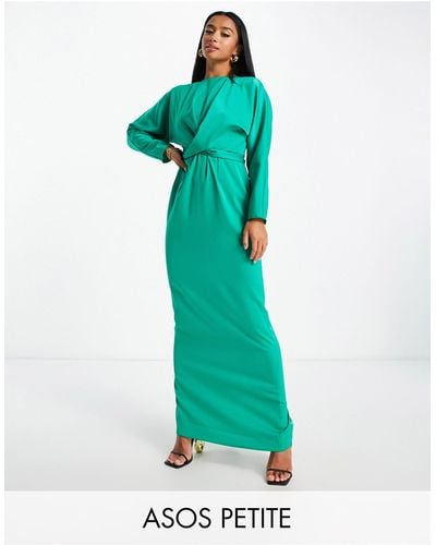 ASOS Asos Design Petite Satin Maxi Dress With Batwing Sleeve And Wrap Waist - Green