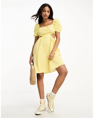 Monki Balloon Sleeve Cut Out Mini Dress - Yellow