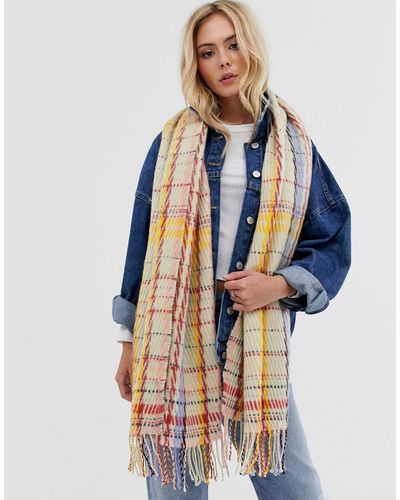 Pieces Checked Stitch Oversized Scarf - Blue