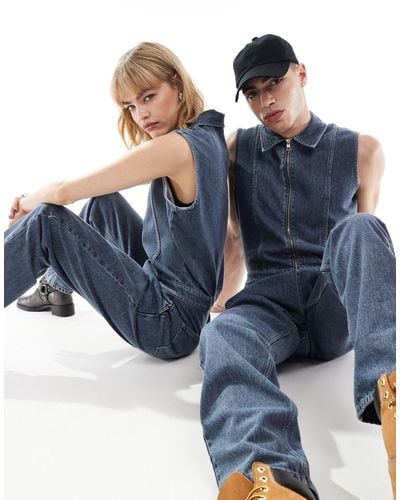 Calvin Klein Exclusivité asos - - combinaison en jean sans manches avec fermeture éclair - délavé - Bleu