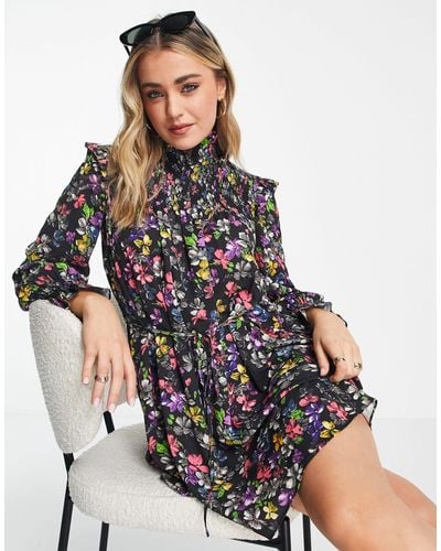 French Connection Alanna Floral Printed Smocked Dress - Black