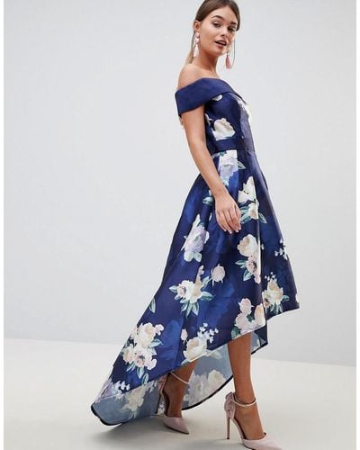 Chi Chi London Satin Midi Dress With Extreme High Low - Blue