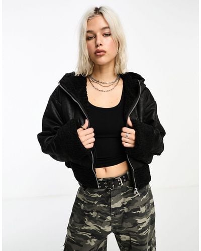 Collusion Faux Suede Short Aviator Jacket - Black