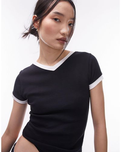 TOPSHOP Longline Contrast Neck V Neck Everyday Tee - Black