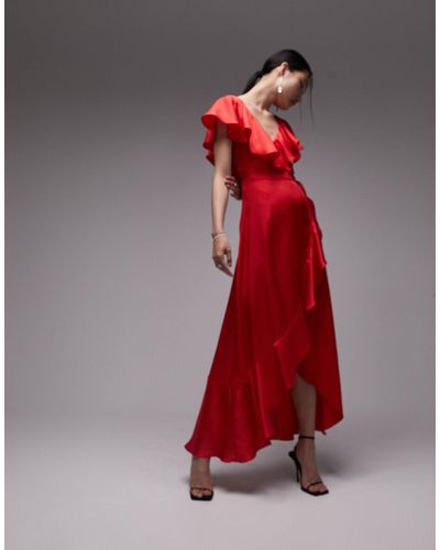 TOPSHOP Ruffle Wrap Midi Dress - Red