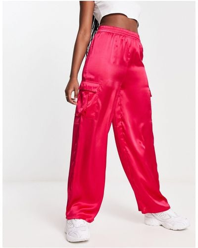 New Look Satin Cargo Trousers - Red