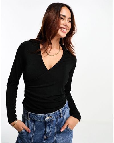 Pimkie Wrap Front Polo Long Sleeve Top - Black