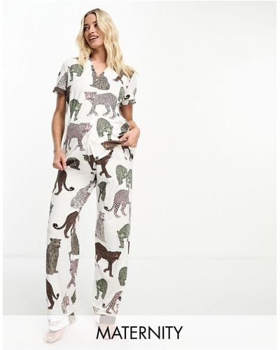 Chelsea Peers Maternity Cotton Tonal Leopard Print Button Short Sleeve Top And Pants Pajama Set - White