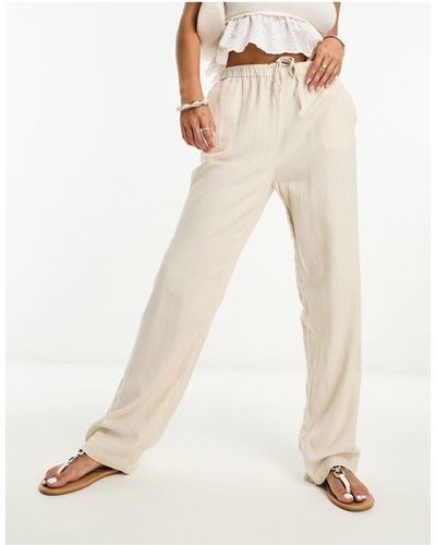 Pull&Bear High Waisted Linen Trousers - White