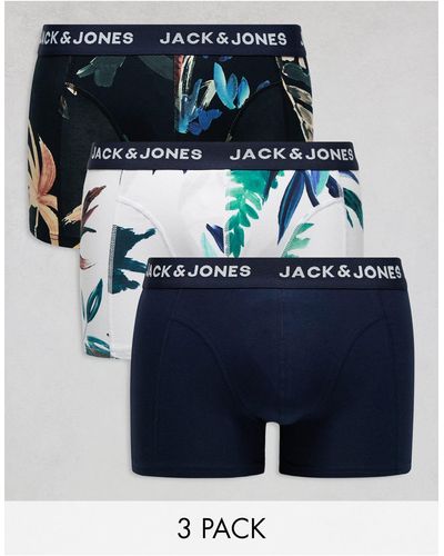Jack & Jones Confezione da 3 boxer aderenti bianchi con stampa a fiori - Blu