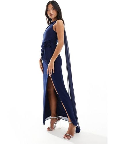 TFNC London Bridesmaid Chiffon Fallen Shoulder Maxi Dress With Drape Detail - Blue