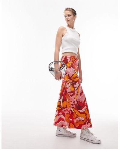 TOPSHOP Orange Floral Print Bias Maxi Skirt - Red