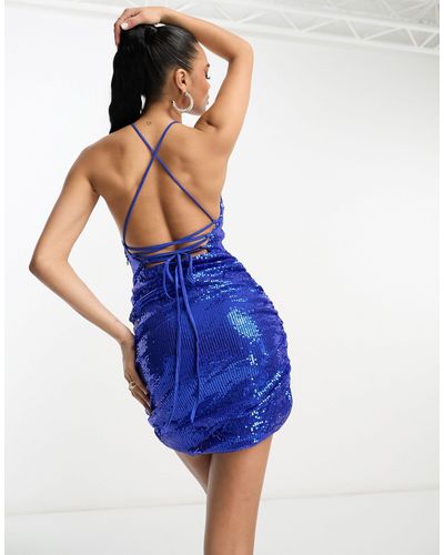 Naanaa Vestito corto con laccetti sul retro e paillettes blu cobalto