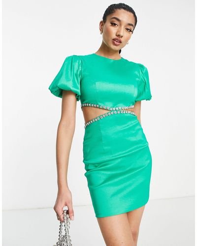 Band of Stars Premium Puff Sleeve Cut-out Side Embellished Detail Mini Dress - Green