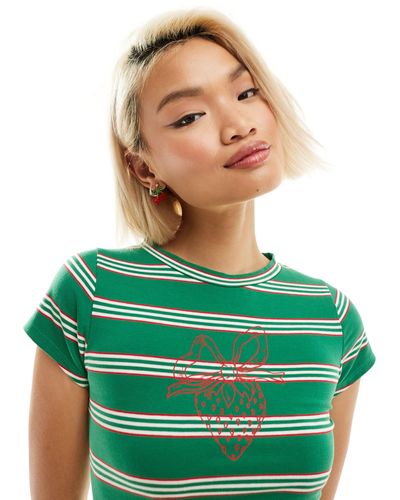 Motel Strawberry Motif Striped Baby T-shirt - Green