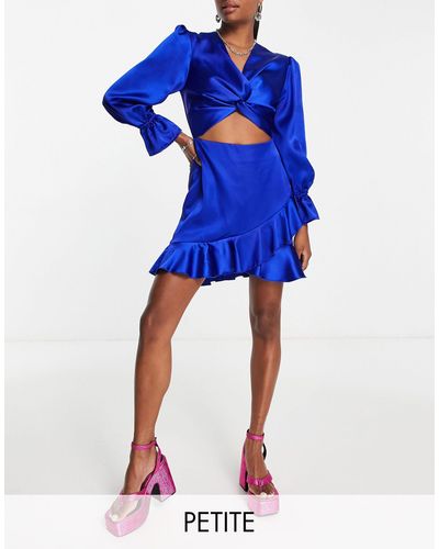 Flounce London Satin Balloon Sleeve Mini Dress With Cut Out And Ruffle Detail - Blue
