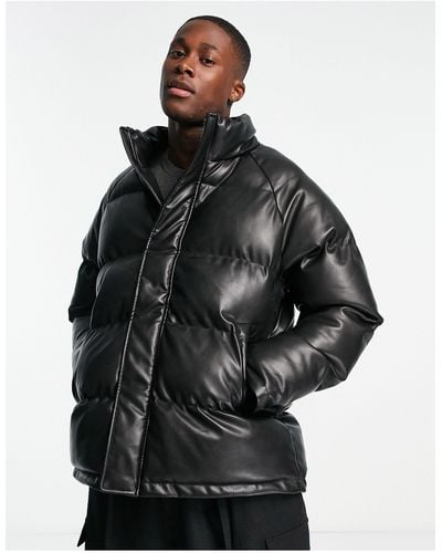 Urbancode Faux Leather Puffer Jacket - Black