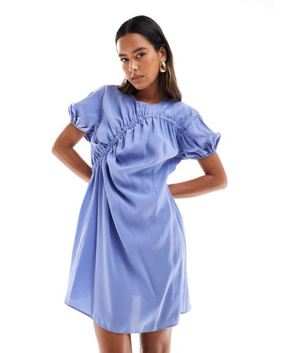 ASOS Puff Sleeve Mini Smock Dress With Ruching Detail - Blue