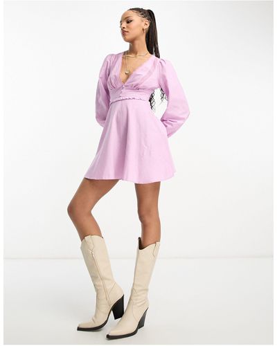 Miss Selfridge Linen Mix Lace Trim Mini Tea Dress - Pink