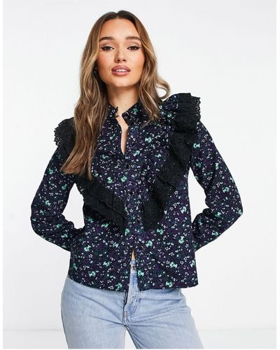 Y.A.S Floral Printed Shirt With Lace Trim Detail - Blue