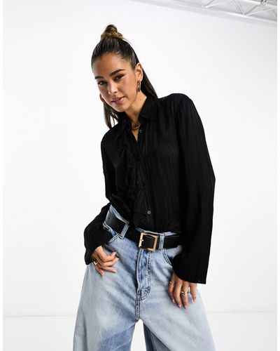 & Other Stories Sheer Stripe Shirt With Ruffle Front - Black