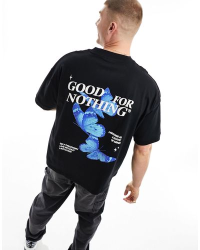 Good For Nothing T-shirt nera con stampa di farfalle sul retro - Blu