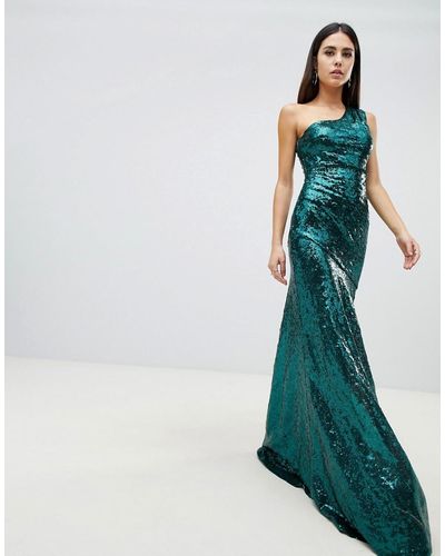Goddiva Vestido largo asimétrico con lentejuelas verde esmeralda