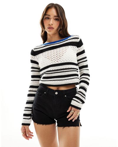 ASOS Open Stitch Jumper With Contrast Blue Trim Detail - White
