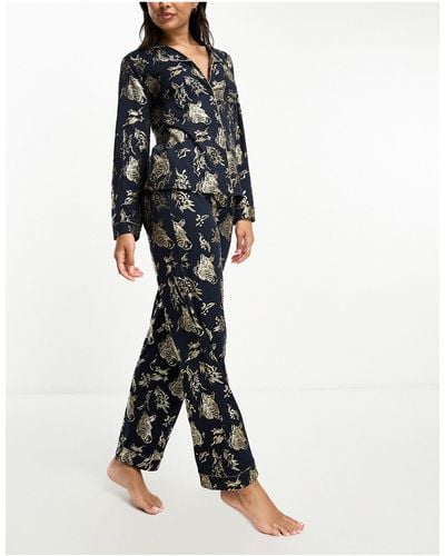 Chelsea Peers Exclusive Christmas Jersey Gold Foil Zebra Print Revere Top And Trouser Pajama Set - Black