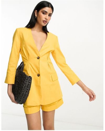 ASOS Collarless Suit Blazer With Linen - Yellow