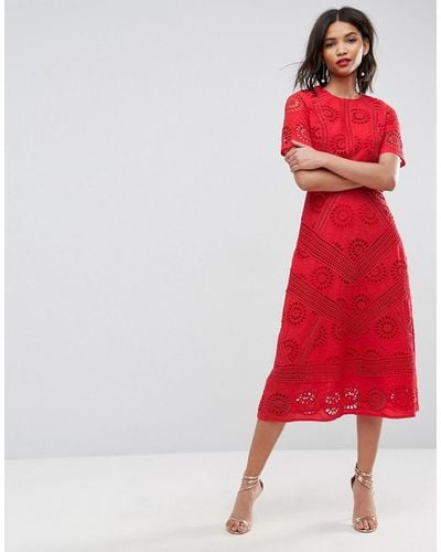 ASOS Premium Midi Dress In Broderie Fabric - Red