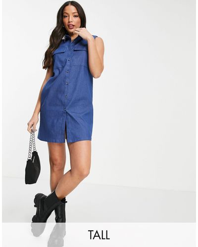 Noisy May Robe chemise en jean à épaulettes - - exclusivité - Bleu