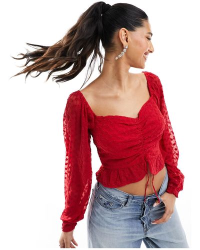 Hollister Long Sleeve Cinched Front Top With Sweetheart Neckline - Red