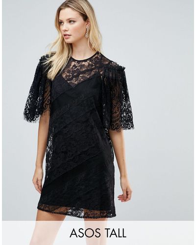 ASOS Delicate Lace Patchwork Flutter Sleeve Mini Dress - Black
