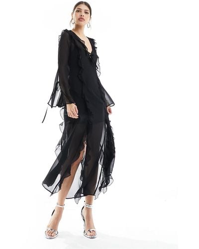 Miss Selfridge Chiffon Ruffle Detail Maxi Dress - Black