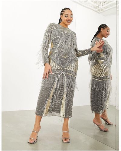 ASOS Curve Statement Embellished Bodycon Midi Dress With Beaded Fringe - Gray