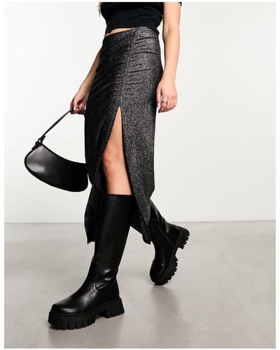 New Look Glitter Ruched Side Split Midi Skirt - Black