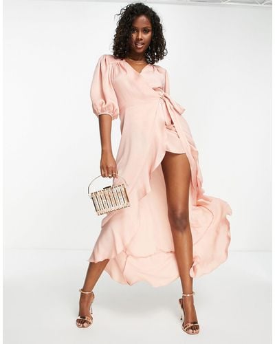Flounce London Satin Puff Sleeve Maxi Wrap Dress - Pink