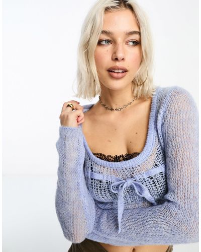 Collusion Knitted Lace Trim Crop Top - Blue