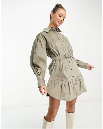 ASOS Cord Mini Shirt Dress With Buckle - Natural