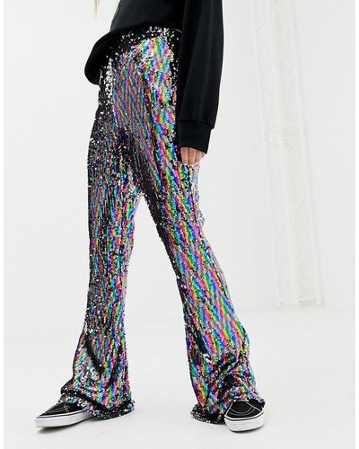 Daisy Street Flared Trousers In Rainbow Sequin - Blue