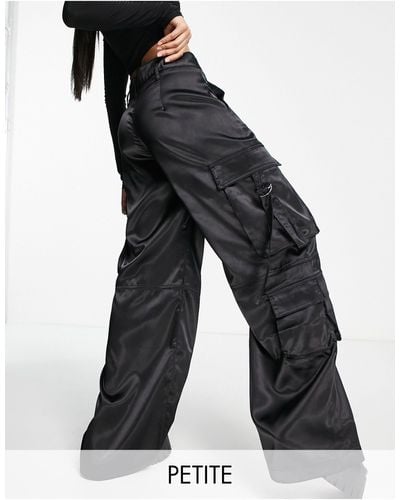 Bershka Petite Satin Cargo Pocket Detail Trousers - Black