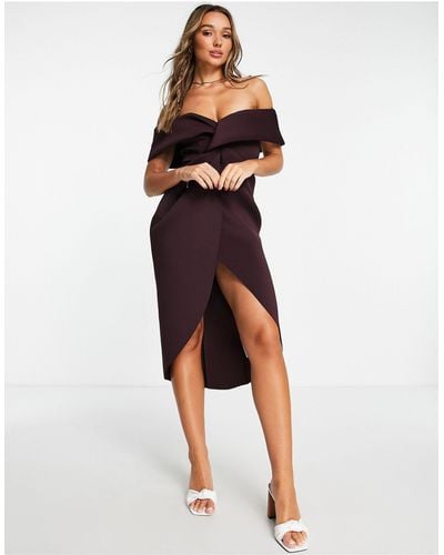 ASOS Twist Front Off The Shoulder Midi Dress - Purple