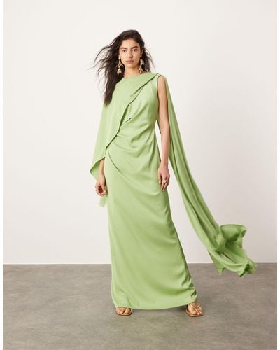 ASOS Satin Drape Detail Maxi Dress With Ruched Waist - Green