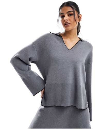 Object Oversized V Neck Jumper Co-ord With Contrast Trim - Grey