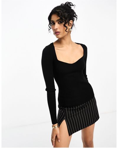 Y.A.S Sweetheart Neck Knitted Top - Black