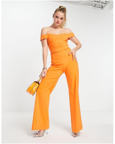 Vesper Bardot Wide Leg Jumpsuit - Orange