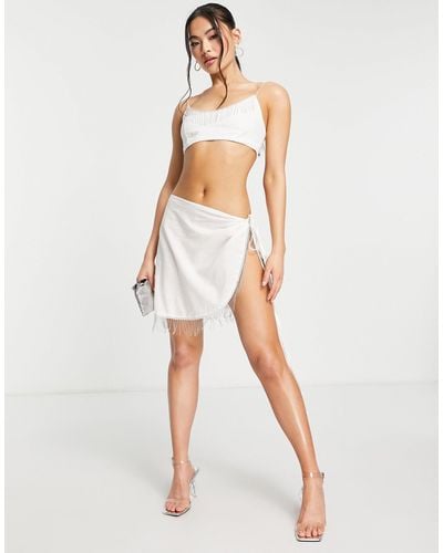 Trendyol Cami Crop Top And Wrap Skirt Set With Fringing - White
