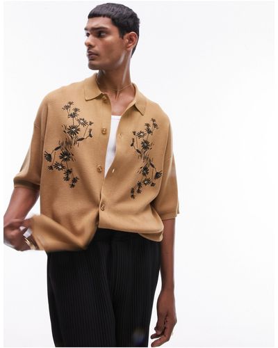 TOPMAN Relaxed Knitted Western Embroidered Shirt - Brown