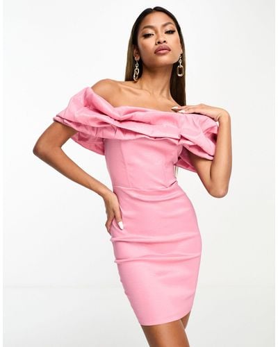 Naanaa Bardot Mini Dress With Oversized Frill Detail - Pink
